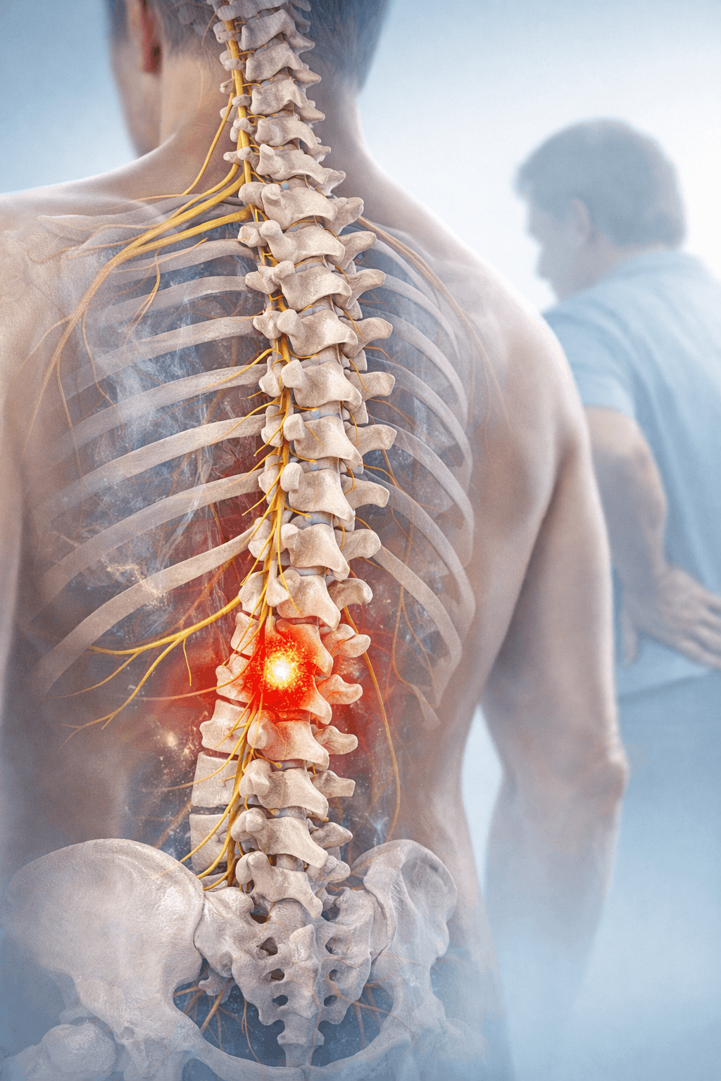 Spinal tumor illustration showing early symptoms and tumor location in the spine
