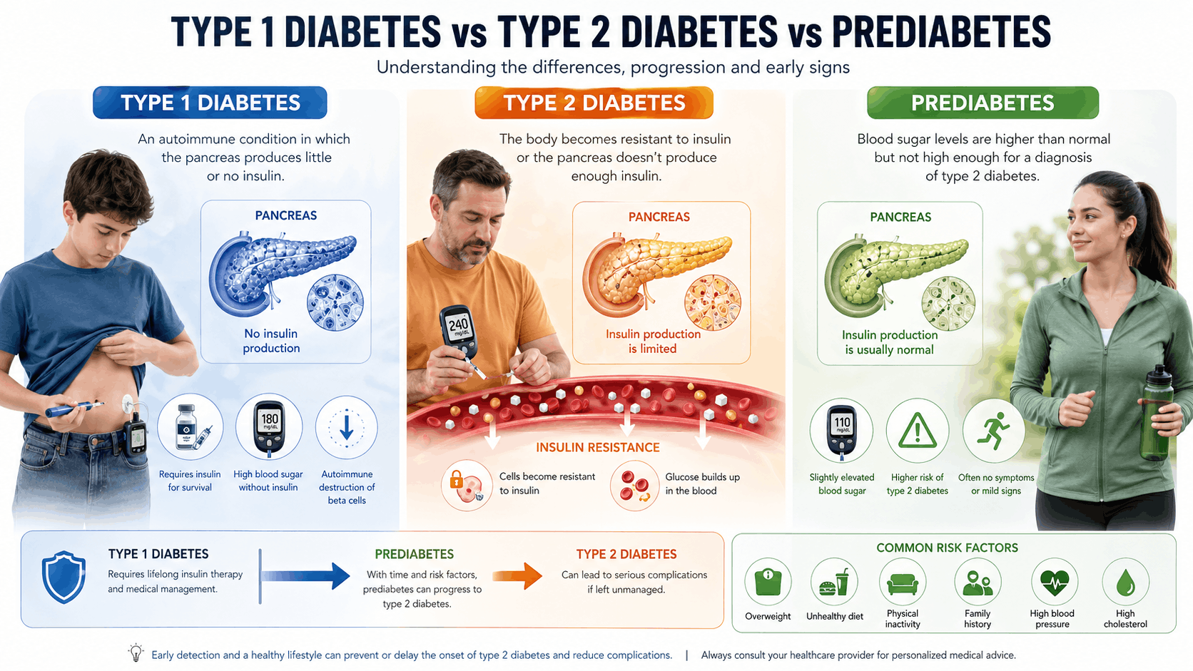 Early Signs of Diabetes || Comparison infographic of Type 1 diabetes, Type 2 diabetes, and prediabetes showing insulin production, blood sugar levels, and progression risk.
