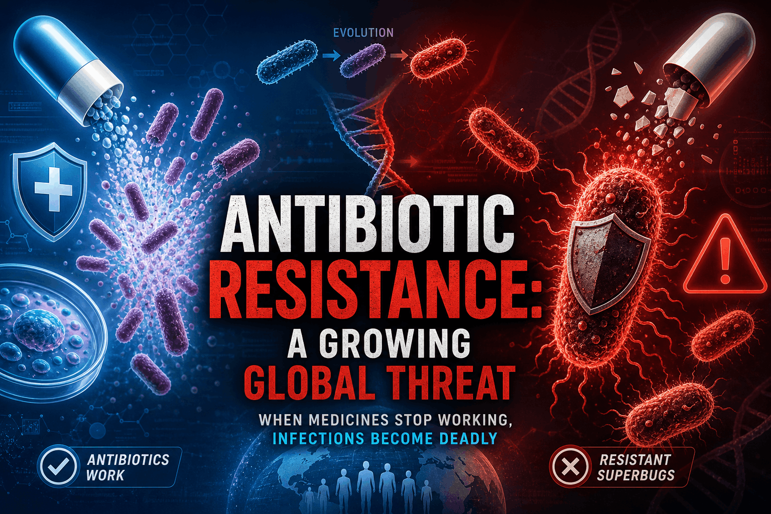 Antibiotic resistance illustration showing superbugs surviving antibiotics and bacteria evolution with DNA mutation