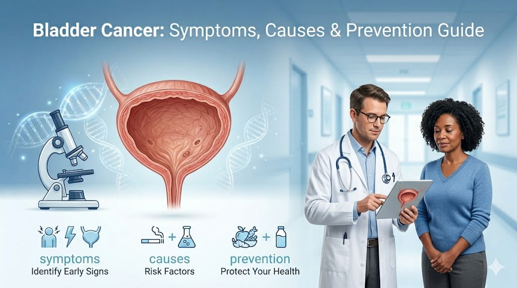 Bladder cancer symptoms causes and prevention medical illustration showing urinary bladder health awareness
