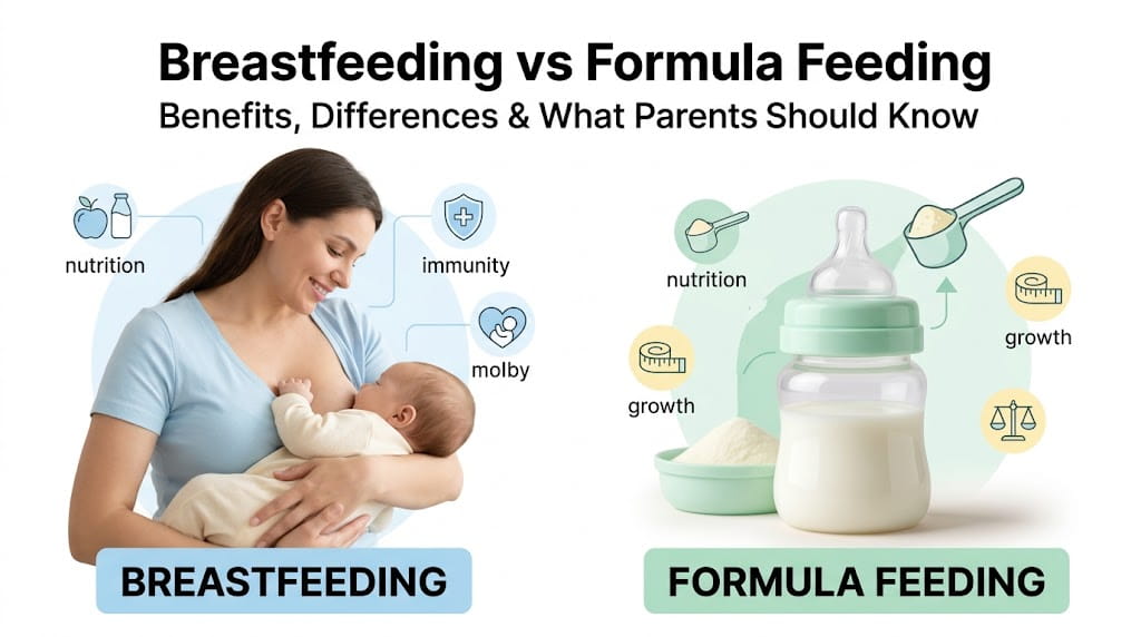 A professional comparison graphic showing a mother breastfeeding her baby on one side and a formula milk bottle on the other, representing the choice between breastfeeding and formula feeding.
