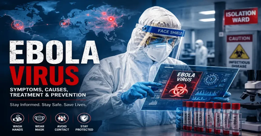 Healthcare worker in protective suit explaining Ebola virus symptoms, treatment, prevention, and outbreak awareness in a medical laboratory.