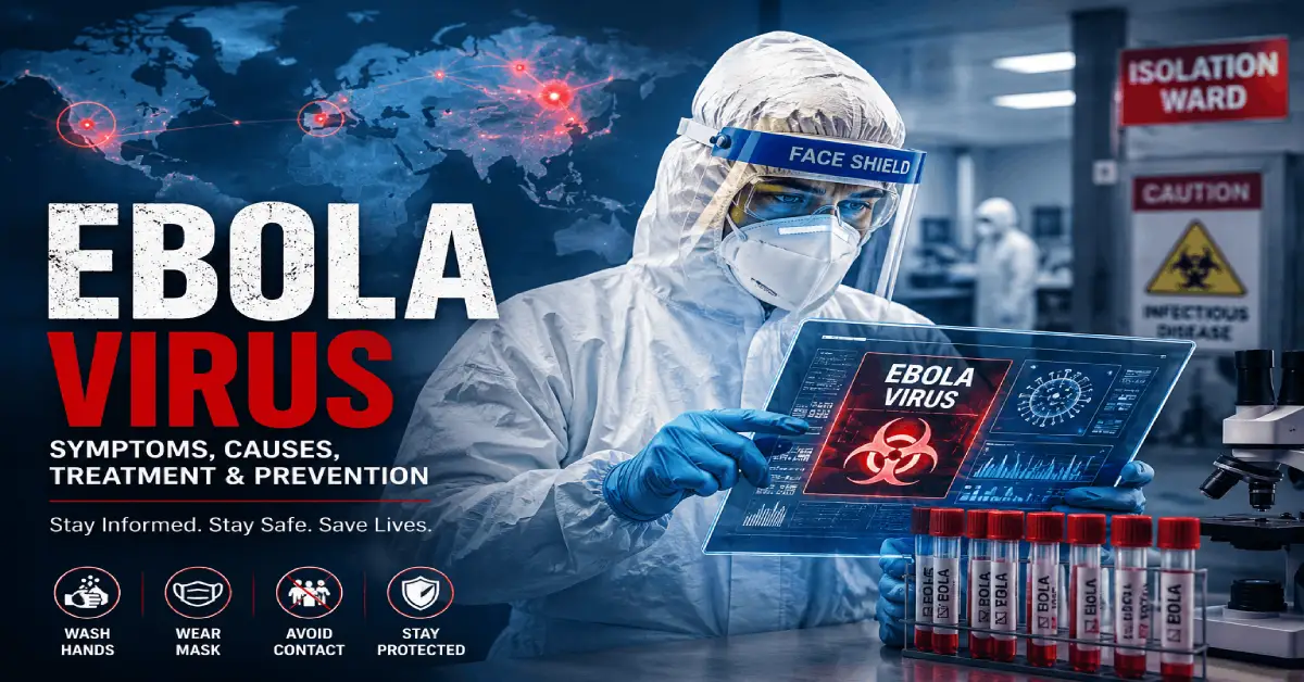 Healthcare worker in protective suit explaining Ebola virus symptoms, treatment, prevention, and outbreak awareness in a medical laboratory.