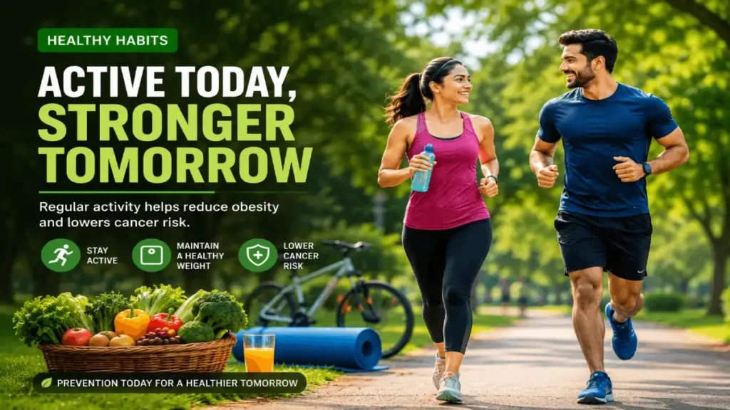 Healthy man and woman jogging in a sunny park to promote cancer prevention through regular exercise and healthy lifestyle habits.