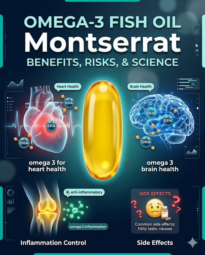 Infographic of a golden omega-3 fish oil capsule connecting a glowing human heart and brain, illustrating benefits for cardiovascular and cognitive health.