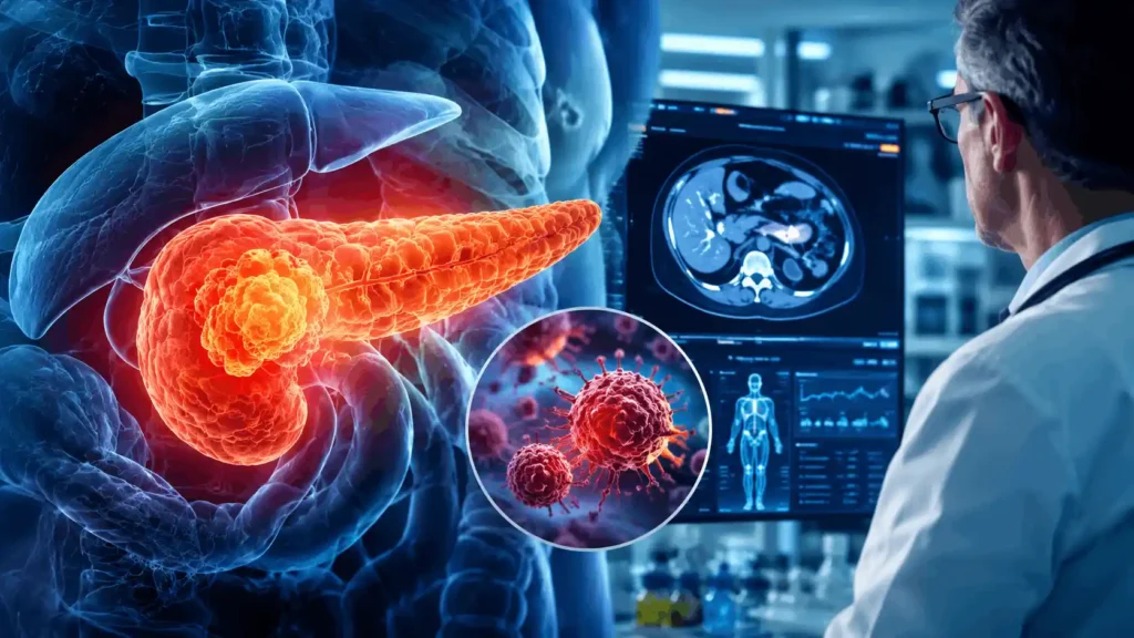 Illustration showing pancreatic cancer symptoms, pancreas anatomy, and medical treatment concept