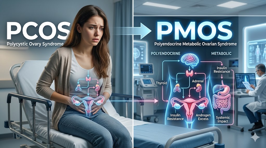 polycystic ovary syndrome PCOS to PMOS new name concept showing hormonal and metabolic disorder in women