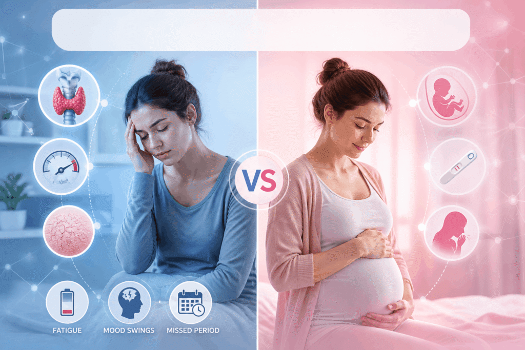 thyroid symptoms vs pregnancy symptoms comparison illustration with fatigue, missed period and hormonal changes