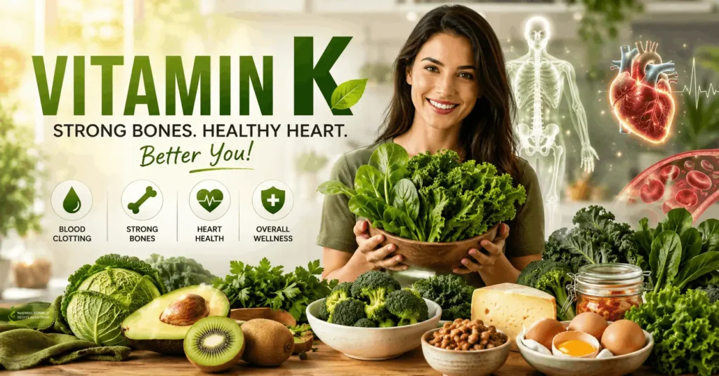 Vitamin K rich foods including spinach kale broccoli avocado eggs and healthy vegetables for bone and heart health