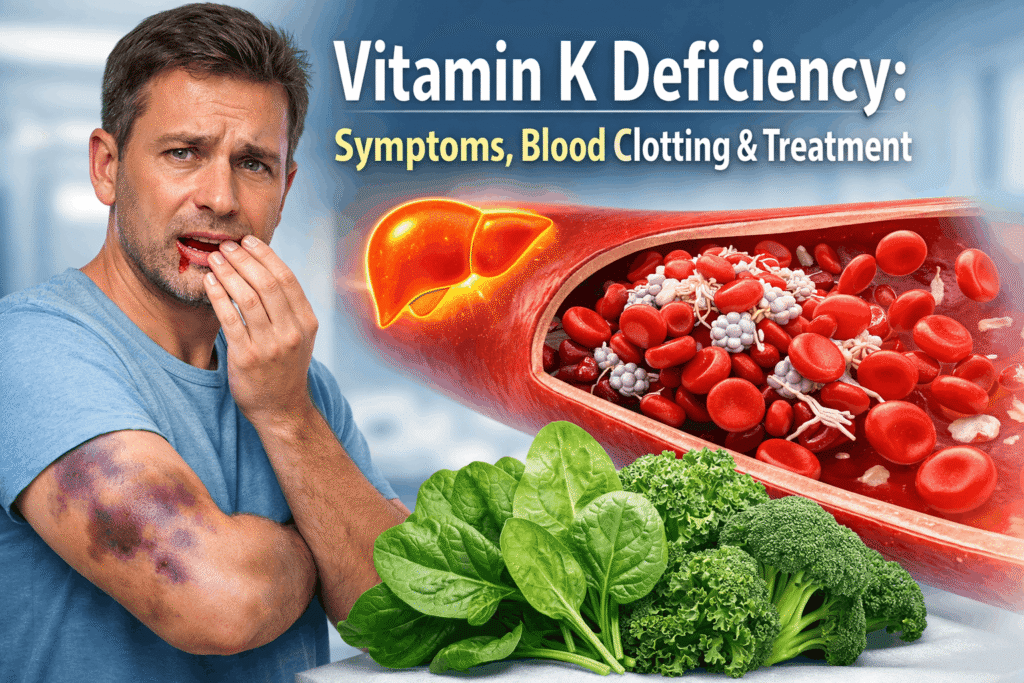 Medical illustration of vitamin K deficiency showing bruising, blood clotting process, platelets, and vitamin K-rich foods.