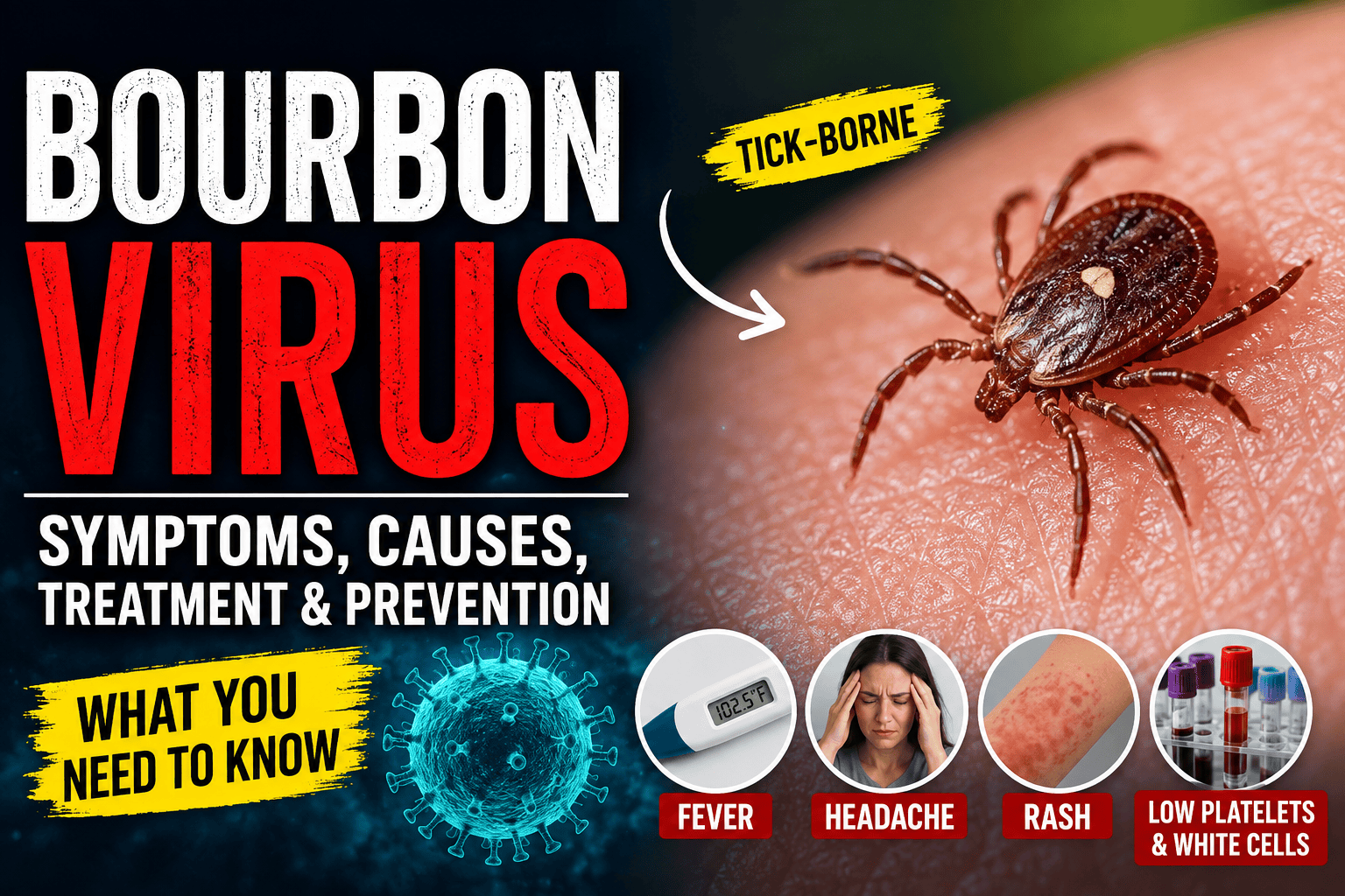 Bourbon virus infographic showing an infected tick, common symptoms, causes, treatment, and prevention of this rare tick-borne disease.