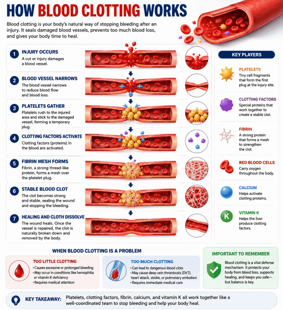 Medical infographic showing how blood clotting works step by step, including blood vessel injury, platelet plug formation, clotting factors, fibrin mesh, stable blood clot, and wound healing.