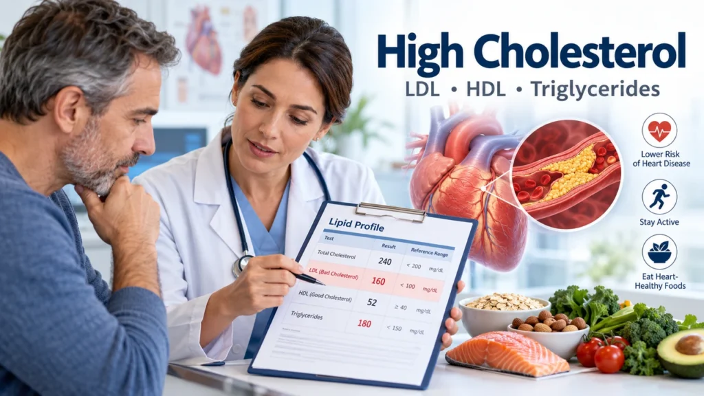 High cholesterol with LDL, HDL and triglyceride test results, artery plaque and heart-healthy lifestyle