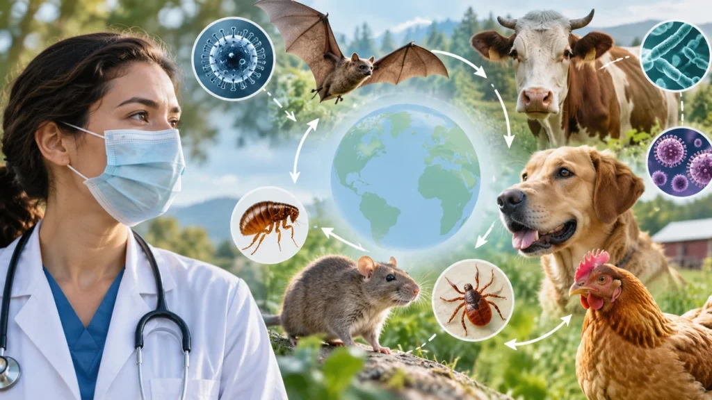 Zoonotic diseases showing animal-to-human infection risks from wildlife, pets and livestock