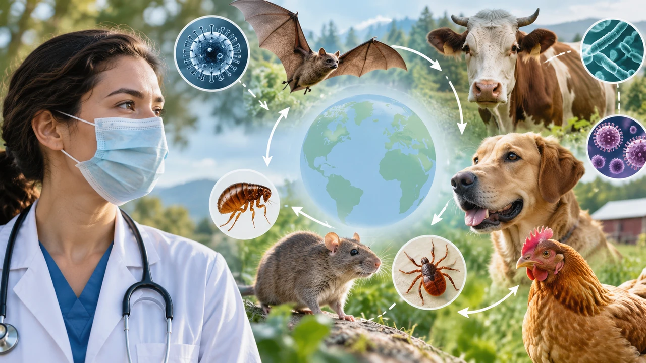 Zoonotic diseases showing animal-to-human infection risks from wildlife, pets and livestock